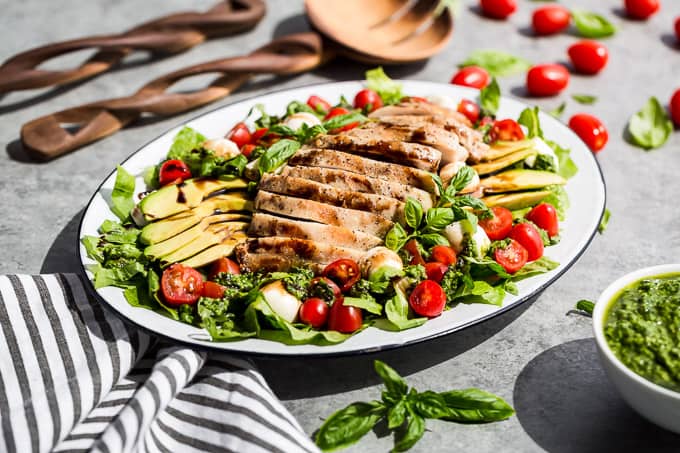 Healthy Grilled Chicken Caprese with Fresh Pesto & Summer Produce